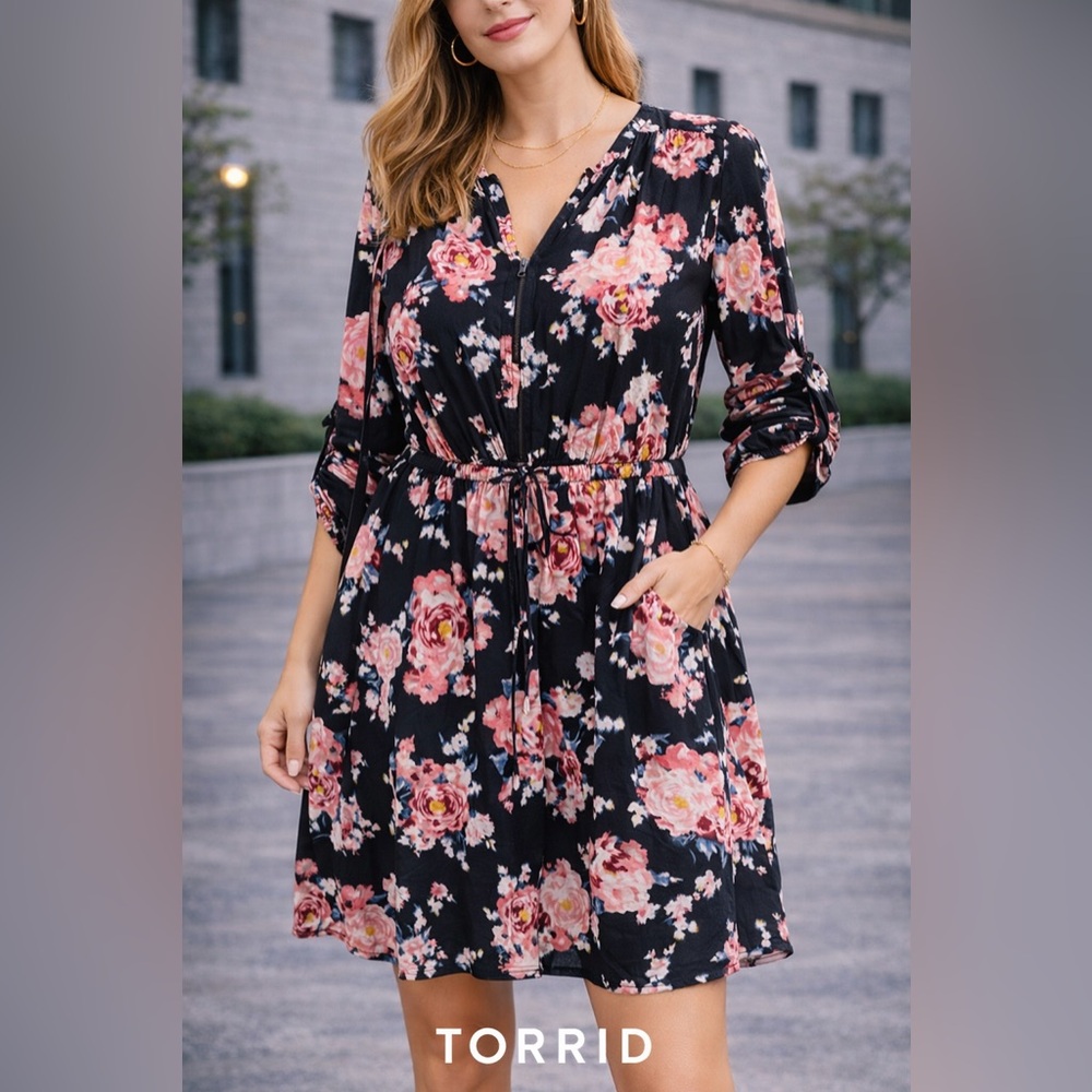 Torrid Black Dress with Pink and Yellow Floral Design